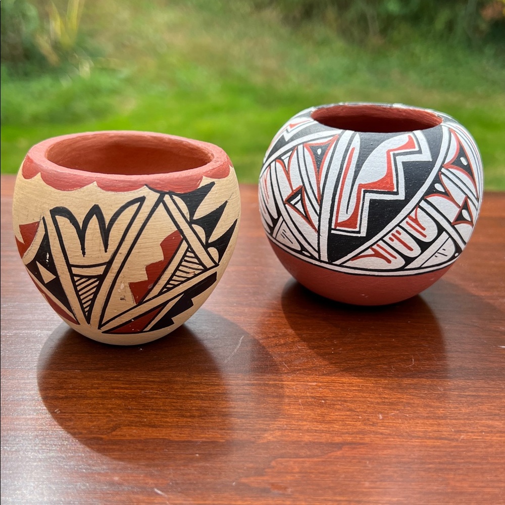 Signed Pueblo Acoma style red clay folk art pot & Jemez signed small planter pot